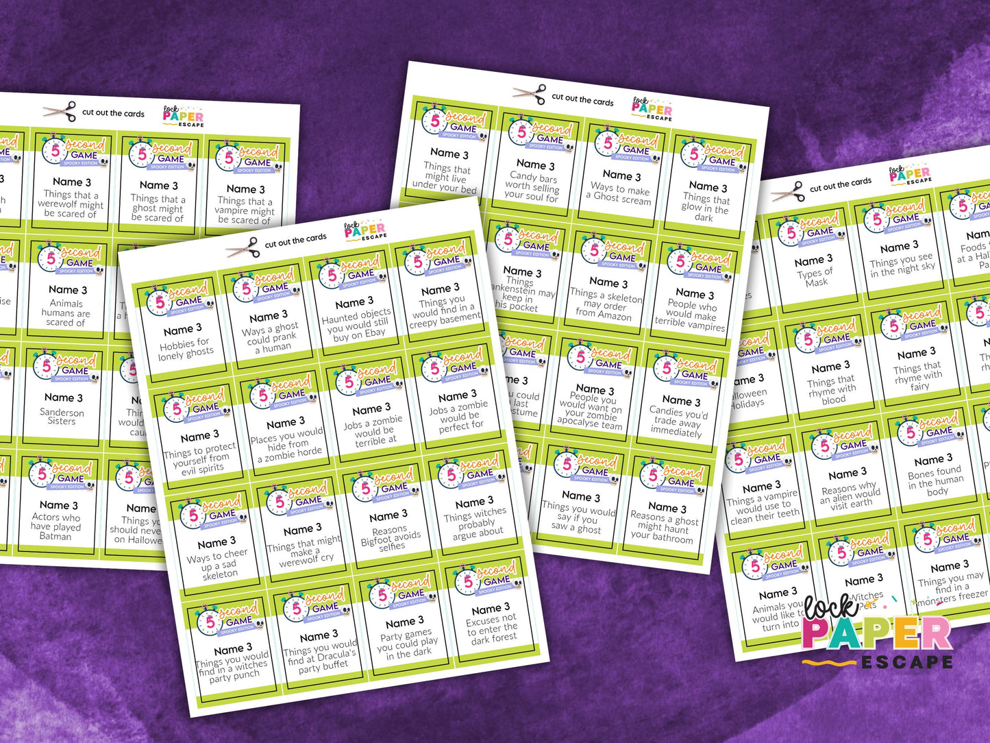 Multiple sheets of 5 second game cards with a purple background