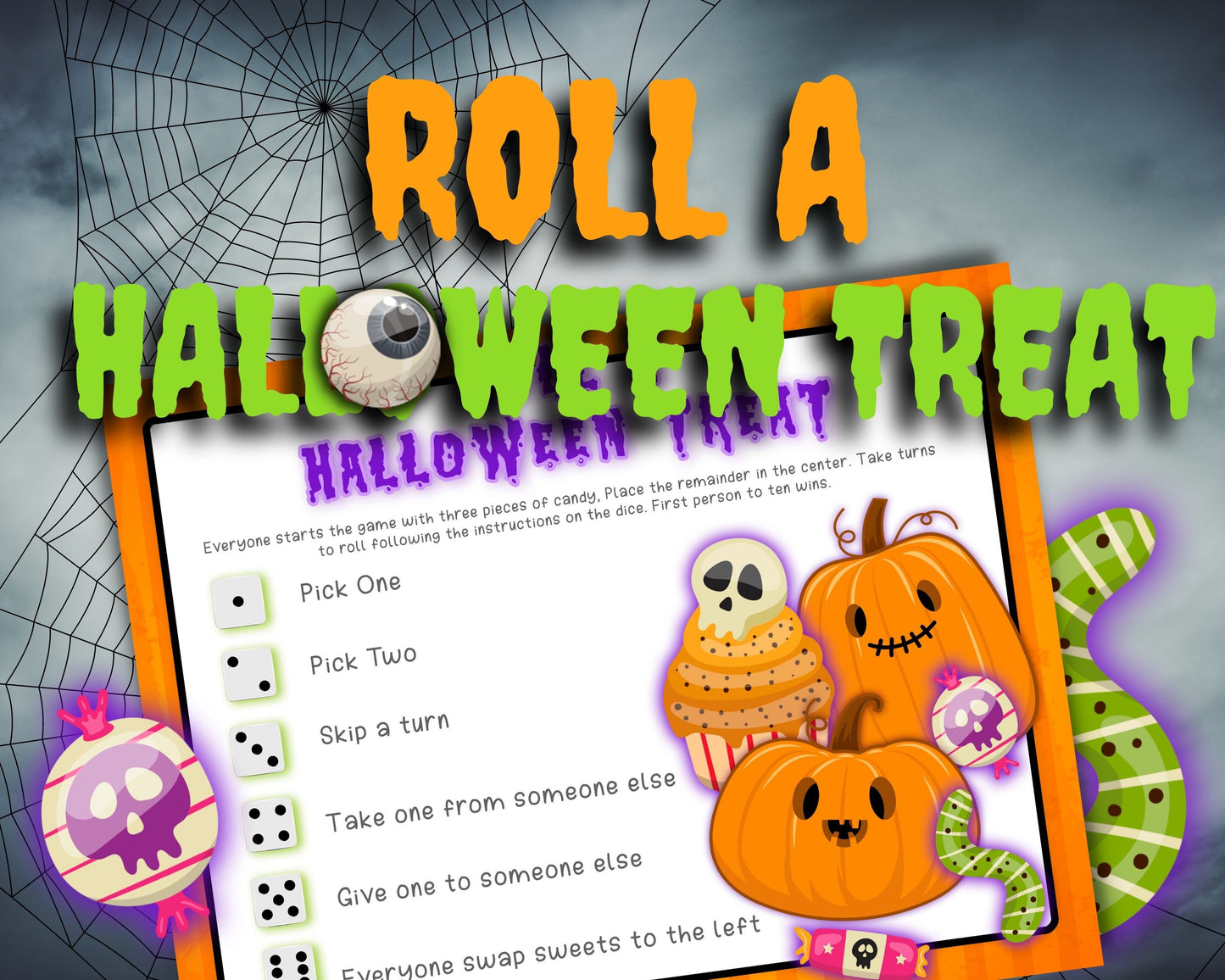 Promotional image for 'Roll A Halloween Treat' game featuring a colorful pumpkin-themed game board, dice, and candy pieces, with text encouraging players to 'Roll a Halloween Treat'.