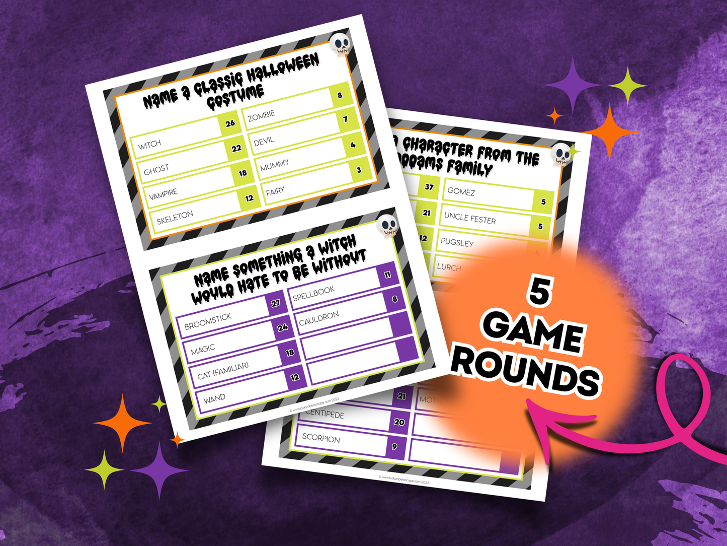 Halloween themed friendly faeud game cards with text on a purple background