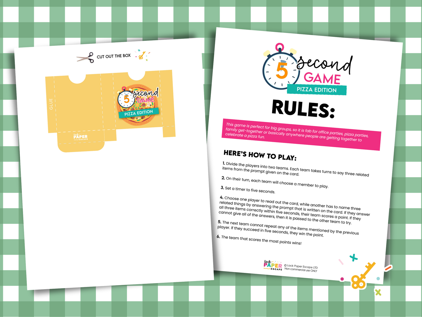 Two printed pages on a green checkered background, one with a pizza box illustration and the other with rules text.