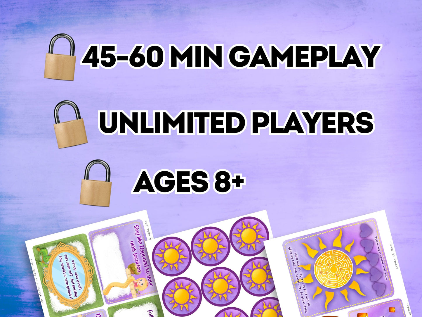 Promotional image for 'Princess Rapunzel Kids Escape Game' featuring details of the gameplay and for players aged 8+.