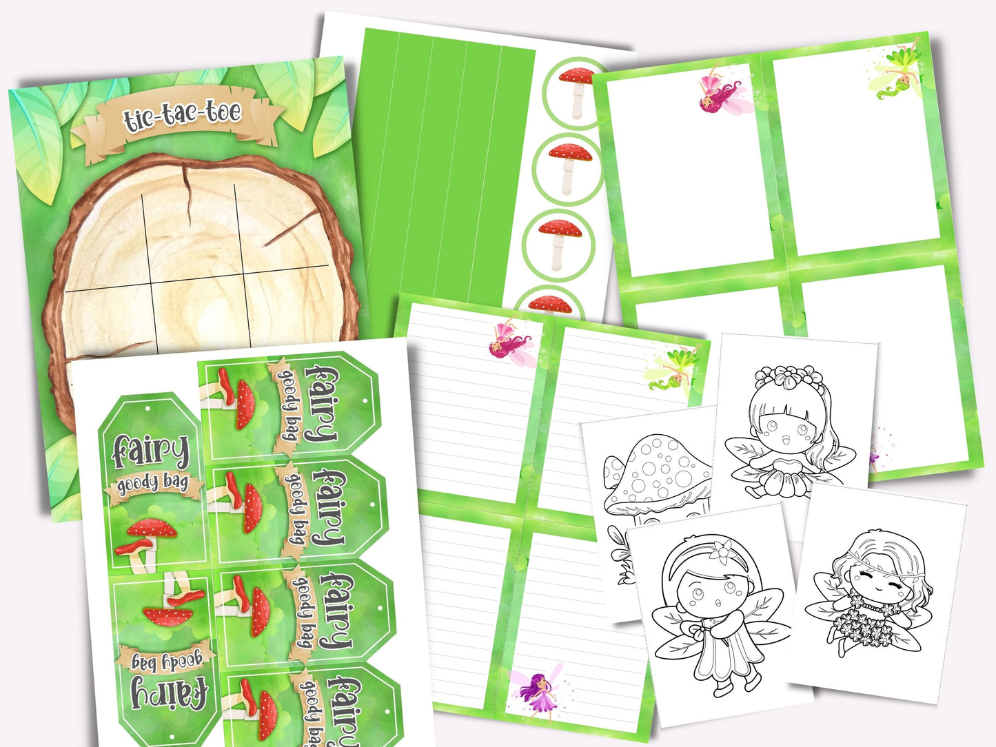 Printable party materials with fairy-themed activities on a white background