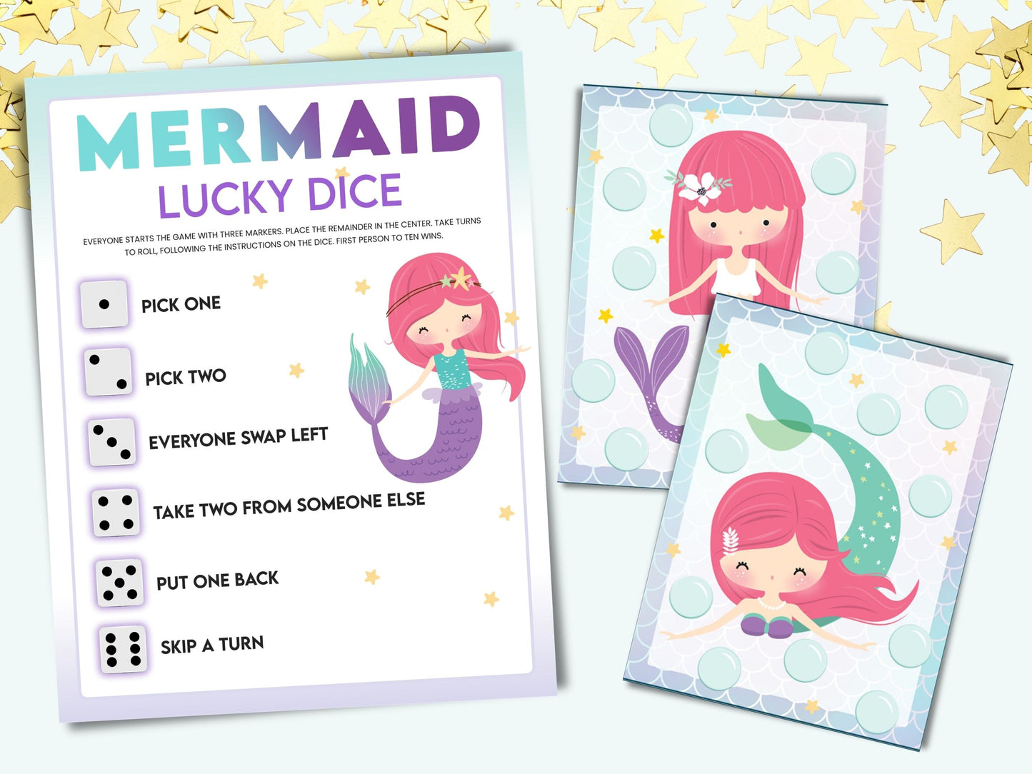 Mermaid lucky dice game board and cute mermaid picture cards.