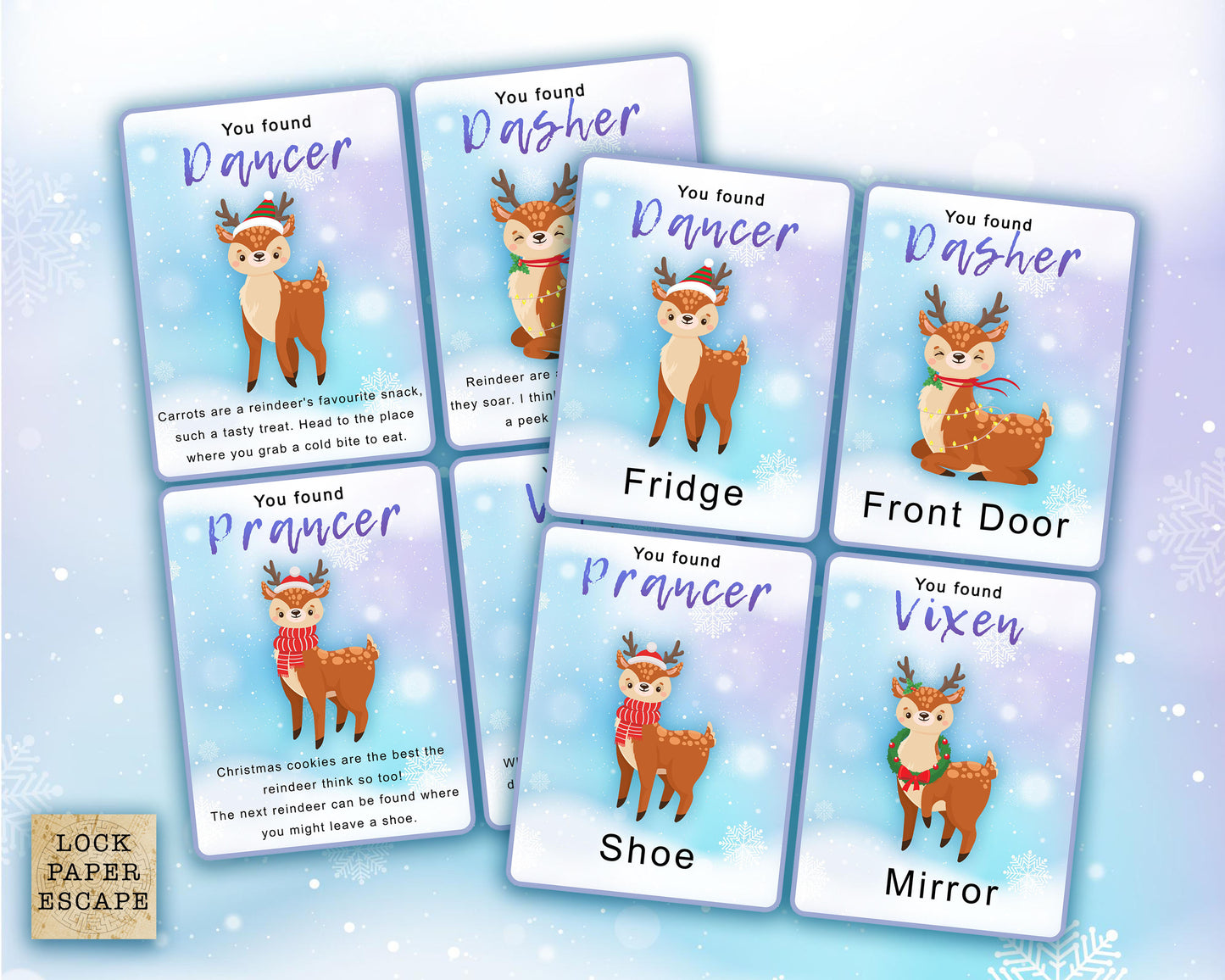 clue cards with reindeer on