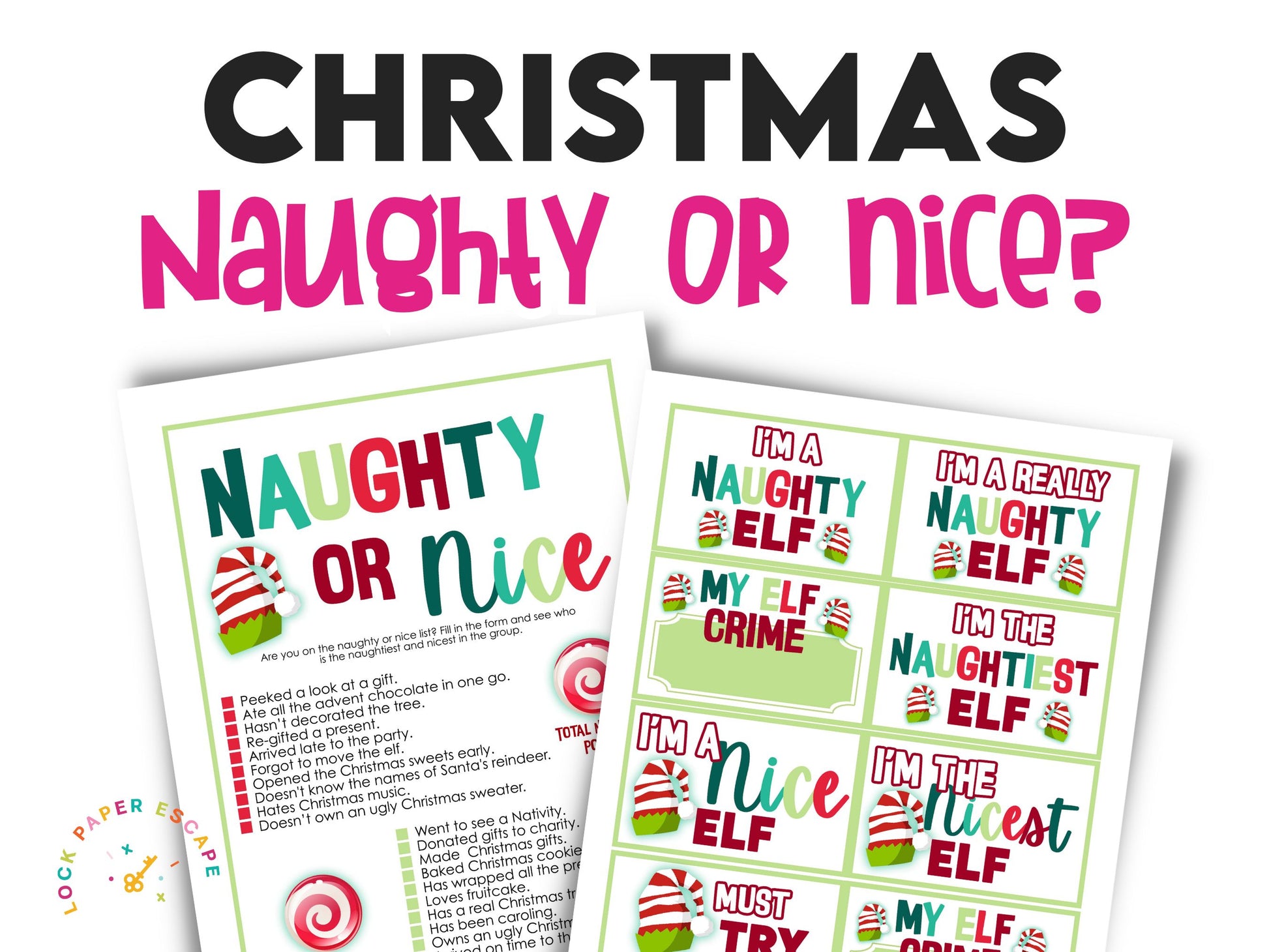 A promotional image featuring a printable game card and sticker tags sheet for the 'Naughty or Nice' Christmas game, with Christmas-themed graphics and text.