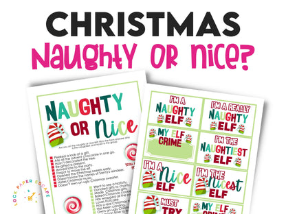 A promotional image featuring a printable game card and sticker tags sheet for the 'Naughty or Nice' Christmas game, with Christmas-themed graphics and text.