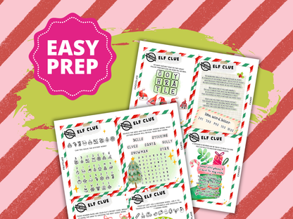 Christmas-themed'Elf treasure hunt Clue sheets on a pink and red striped background with 'Easy Prep' text.