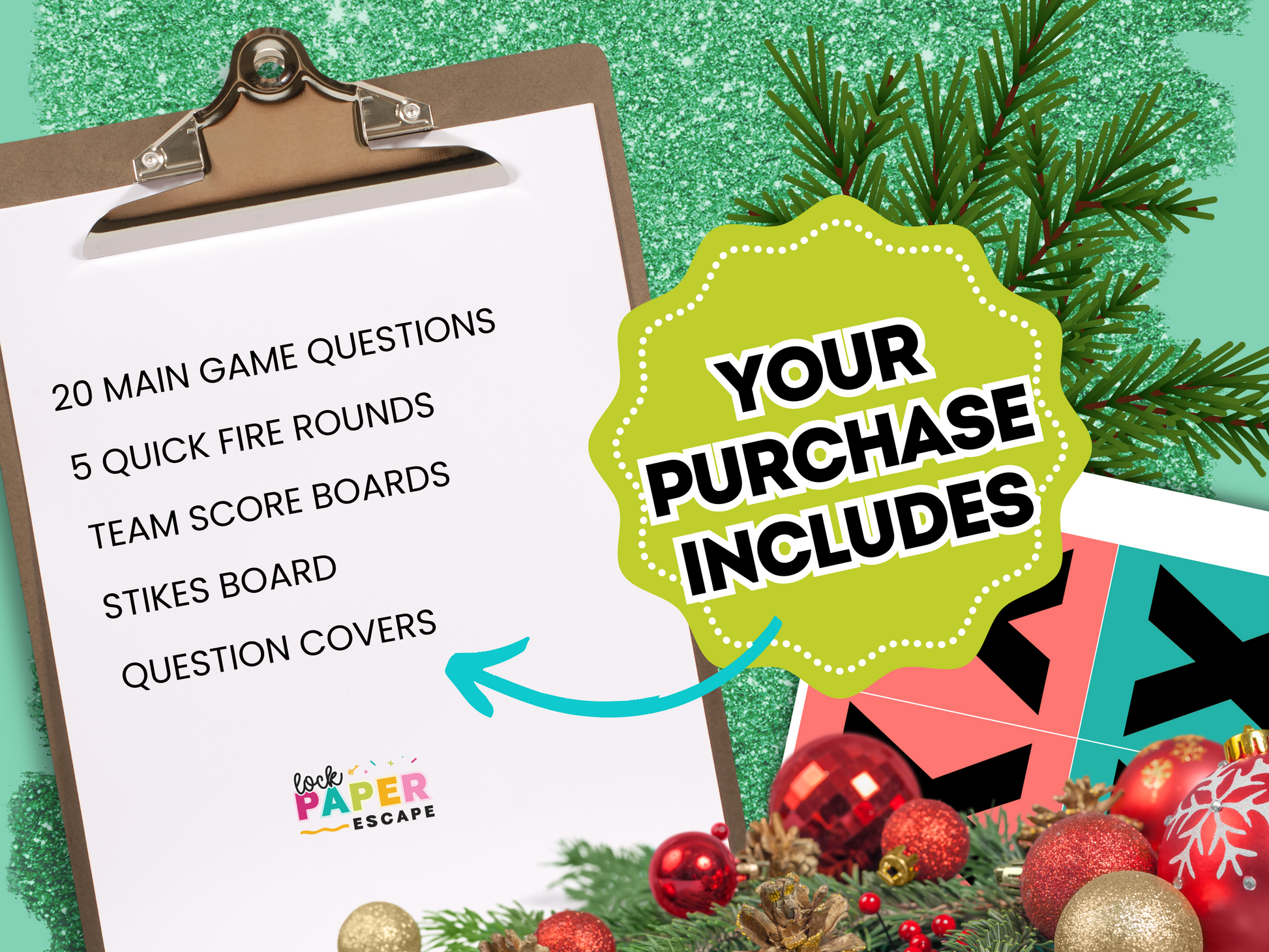 A promotional image for a Christmas friendly feud game, featuring with details of what is included in the purchase.