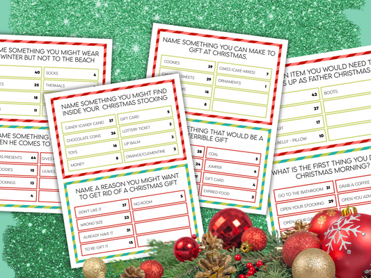 Christmas family feud game cards on a festive background.