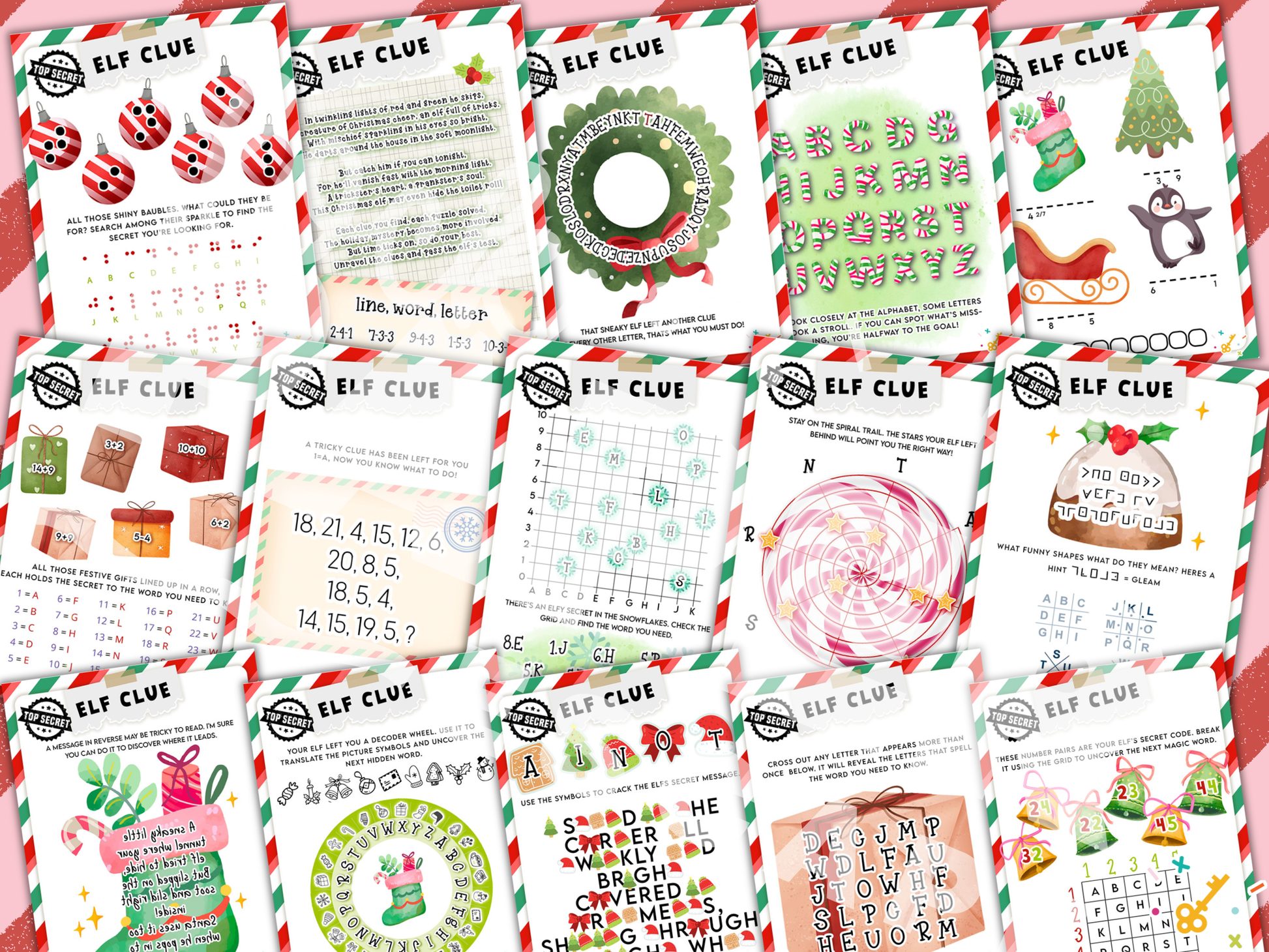 Collection of Christmas-themed scavenger hunt clues on a red background