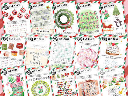 Collection of Christmas-themed scavenger hunt clues on a red background