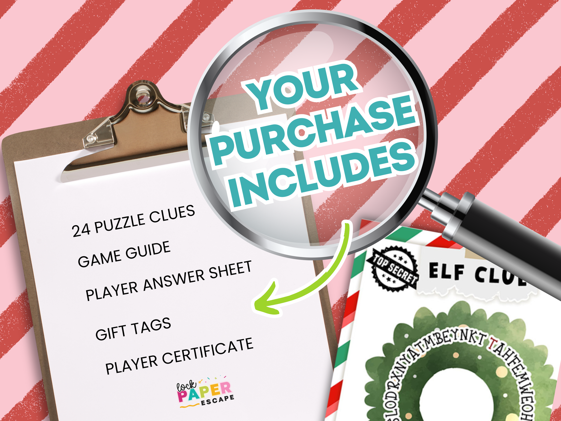 A magnifying glass highlighting 'Your Purchase Includes' text, on a red and white striped background.