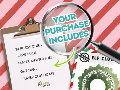 A magnifying glass highlighting 'Your Purchase Includes' text, on a red and white striped background.