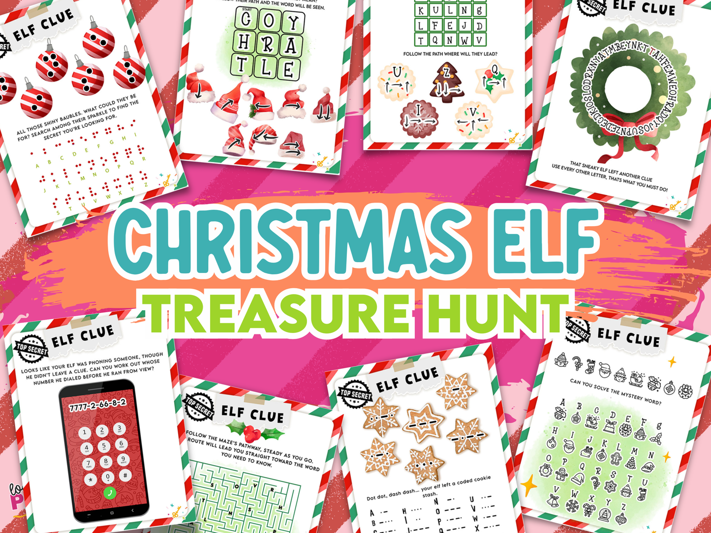 Collection of Christmas scavenger hunt clues on a colorful background