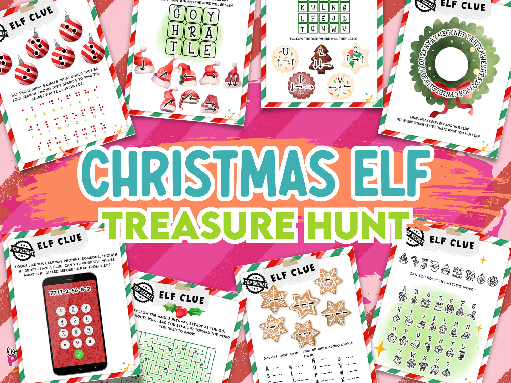 Collection of Christmas scavenger hunt clues on a colorful background