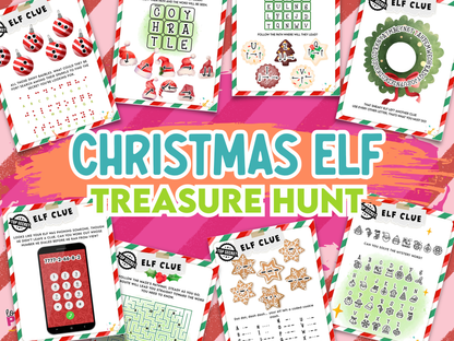 Collection of Christmas scavenger hunt clues on a colorful background