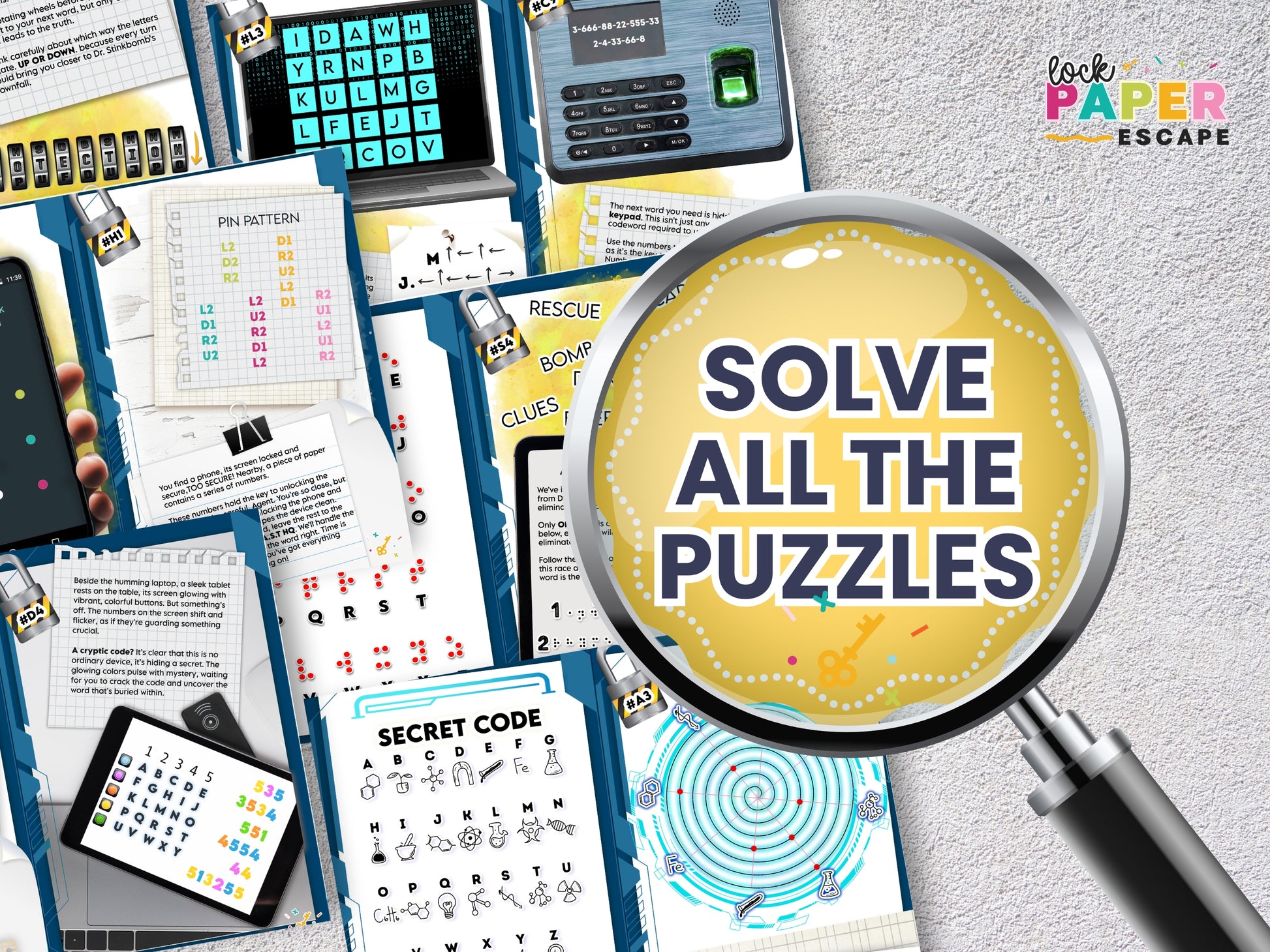 Collection of printed spy puzzle materials with a magnifying glass and 'Solve All the Puzzles' text.