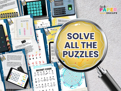 Collection of printed spy puzzle materials with a magnifying glass and 'Solve All the Puzzles' text.