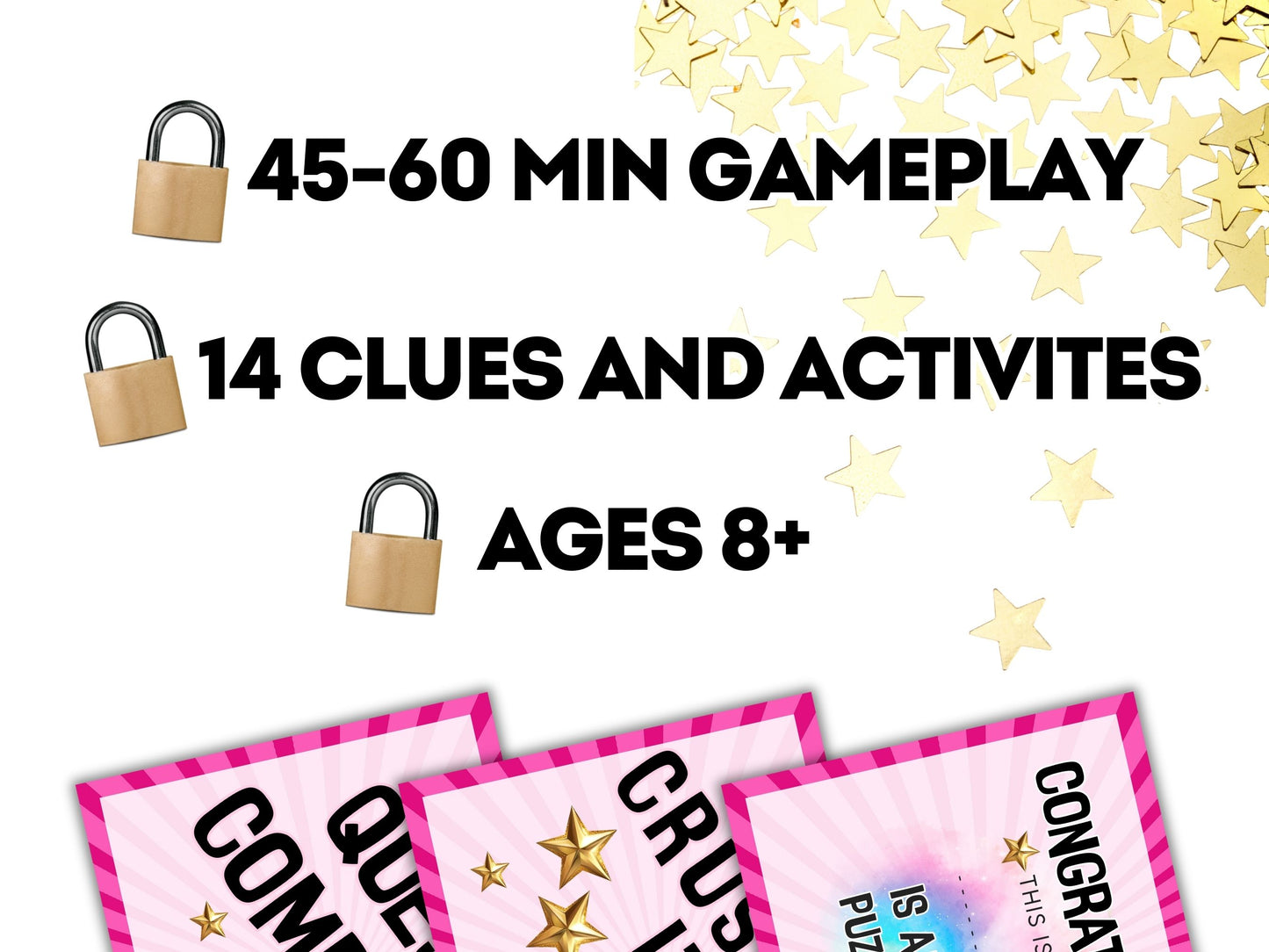 Promotional graphic for a taylor swift inspired escape room game with gameplay time, clues, activities, and age recommendation.