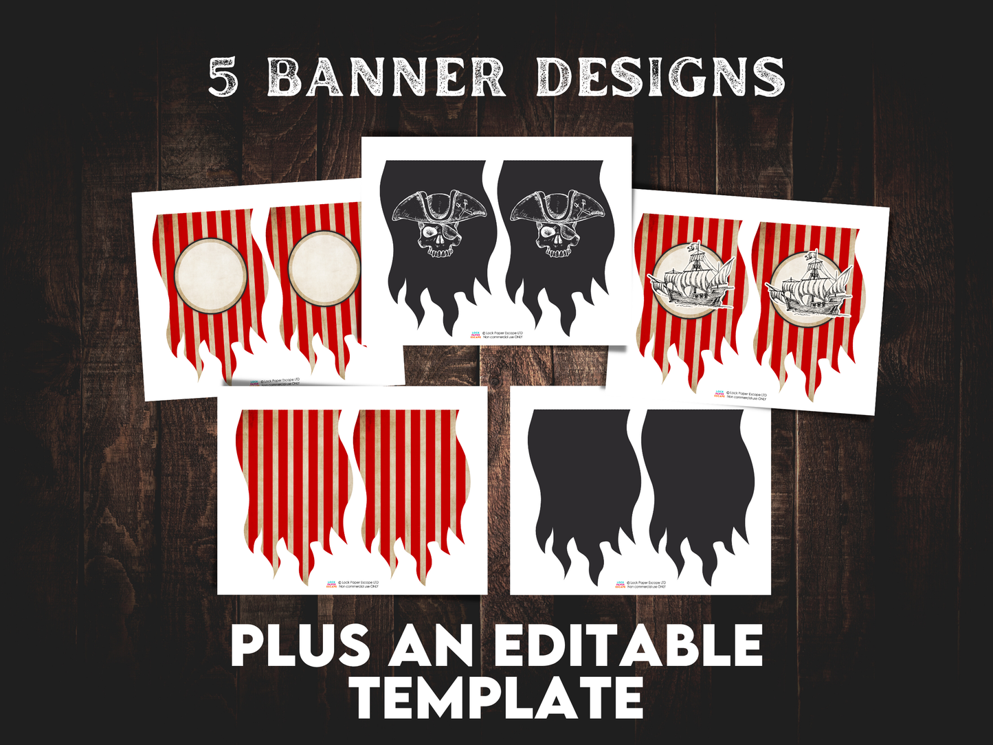 Collection of pirate banner designs with red and black elements on a wooden background