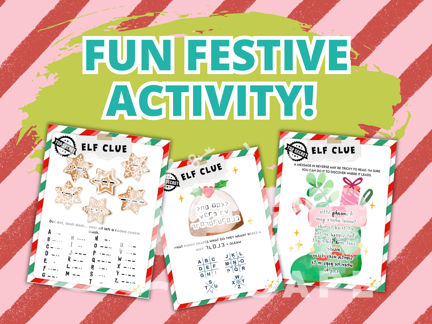 Three Christmas-themed 'scavenger hunt' clues on a pink and red striped background with 'Fun Festive Activity!' text.