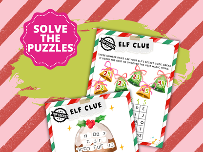 Christmas-themed scavenger hunt clues with 'Elf Clue' puzzles on a striped background