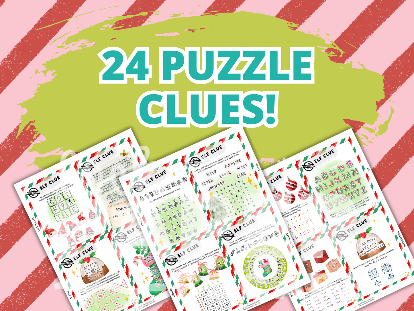 Christmas-themed puzzle treasure hunt clue sheets on a red and white striped background with '24 Puzzle Clues!' text.