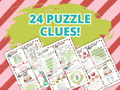 Christmas-themed puzzle treasure hunt clue sheets on a red and white striped background with '24 Puzzle Clues!' text.