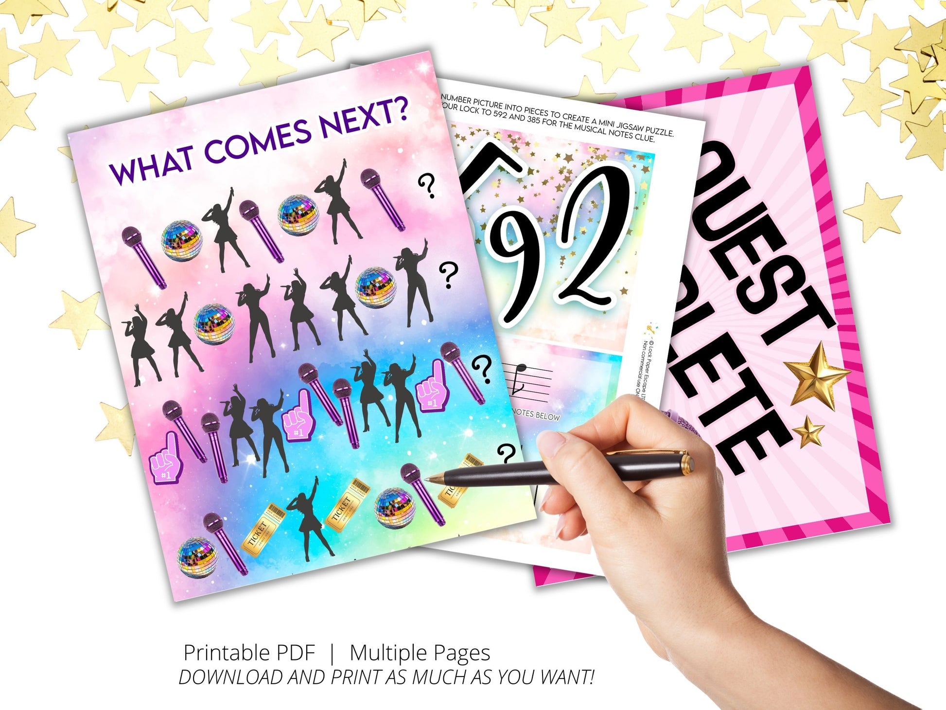 Three printable Taylor swift escape room pages with colorful designs and text, held by a hand with a pen.