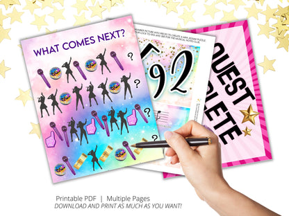 Three printable Taylor swift escape room pages with colorful designs and text, held by a hand with a pen.