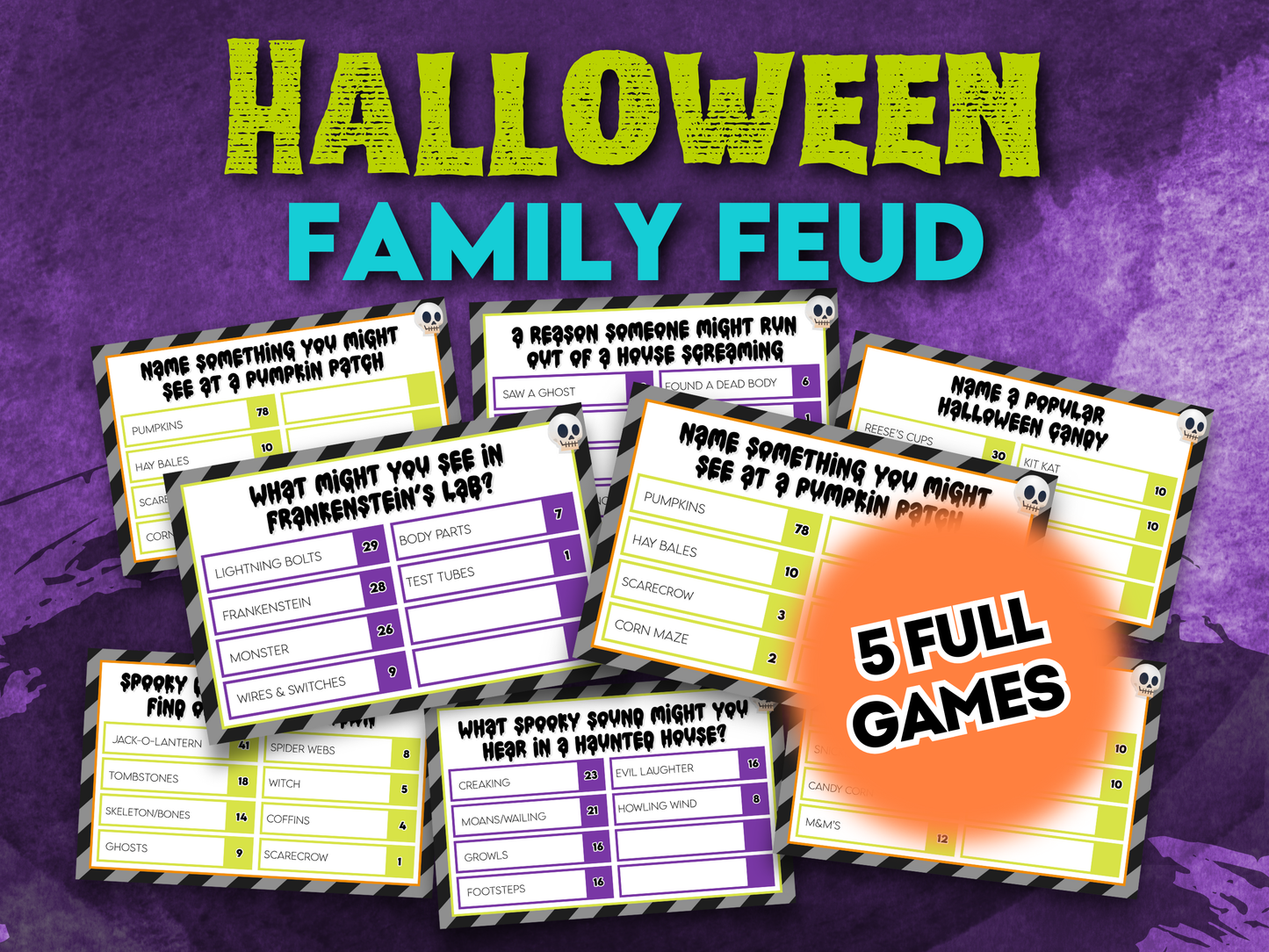 Halloween Family Feud game set with question cards on a purple background