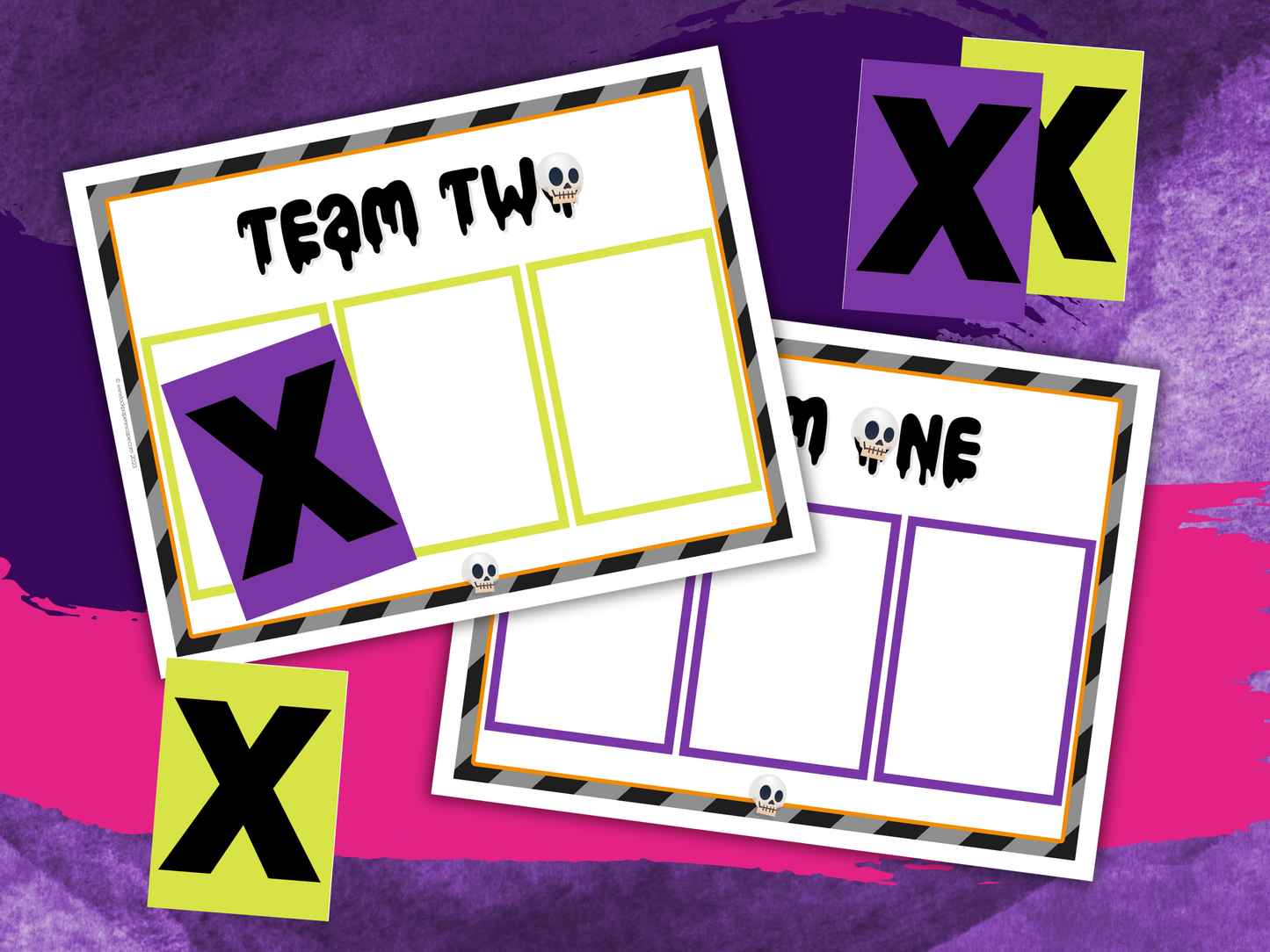 Halloween Feud score cards with 'Team Two' and 'Team One' text on a colorful background
