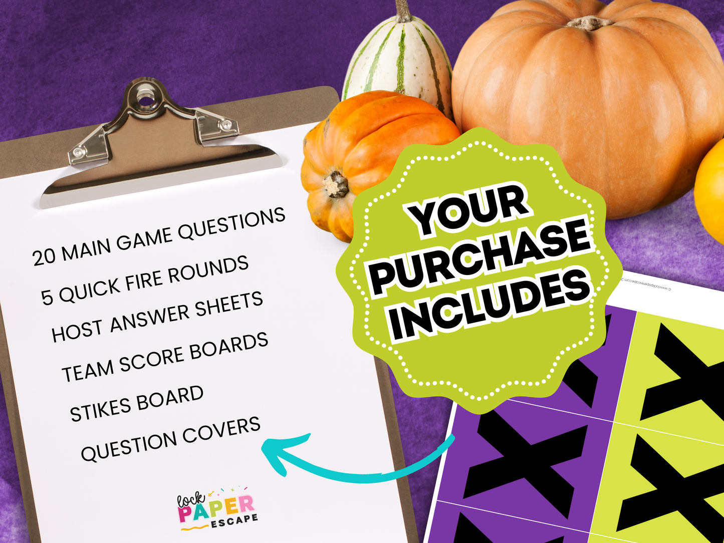 Game components with pumpkins on a purple background, including a clipboard and printed sheets.