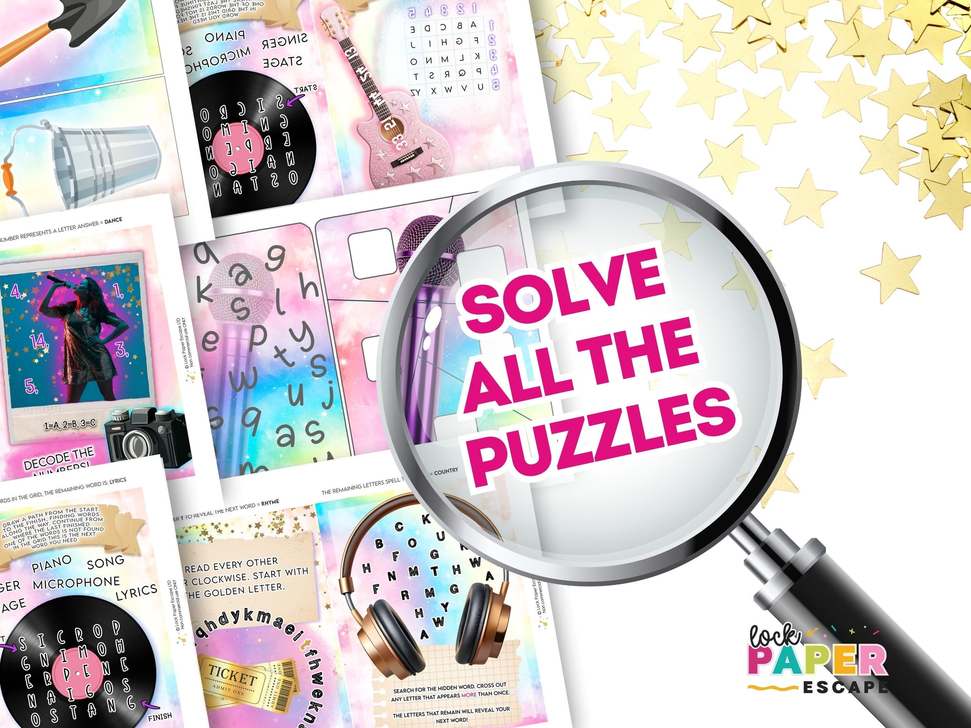 Collection of colorful escape room puzzle pages with a magnifying glass and text 'Solve All The Puzzles' on a starry background.
