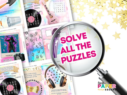 Collection of colorful escape room puzzle pages with a magnifying glass and text 'Solve All The Puzzles' on a starry background.