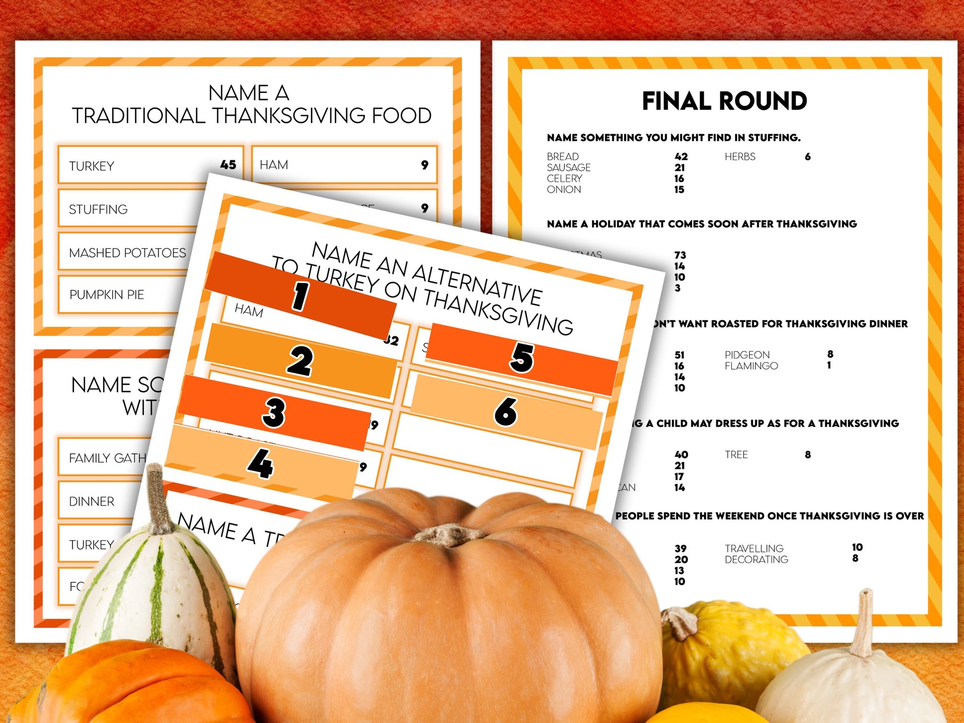 A collection of printable Thanksgiving Friendly Feud game sheets with orange and white color theme, along with a pumpkin and turkey decoration.