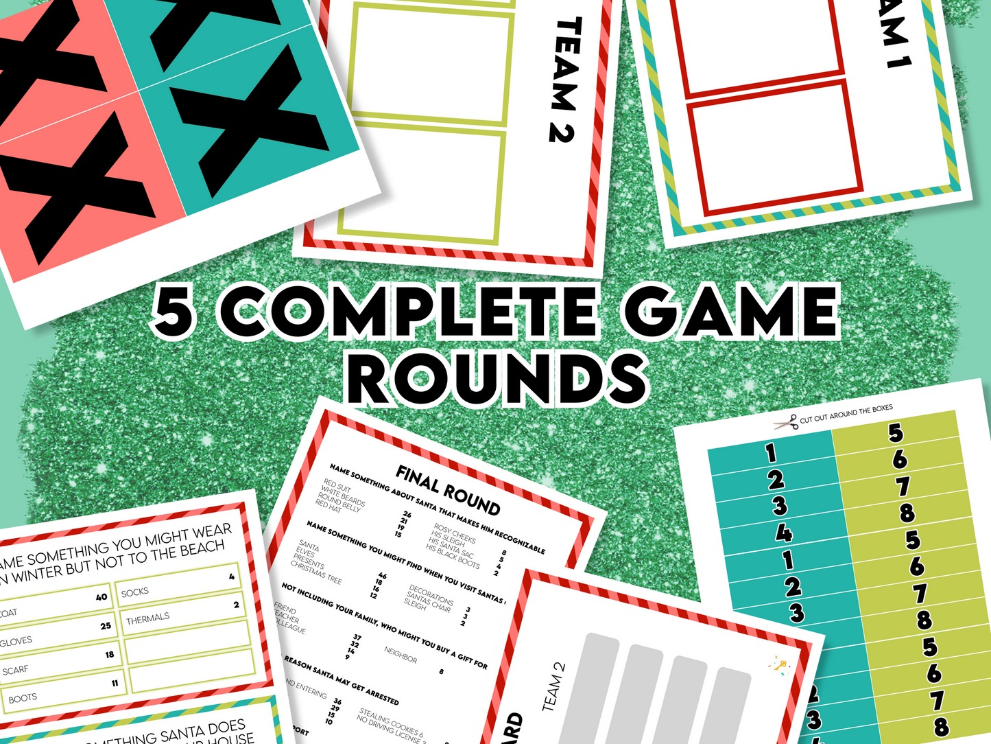 Christmas friendly feud promotional images, featuring various printable in a festive design saying 5 complete game rounds.