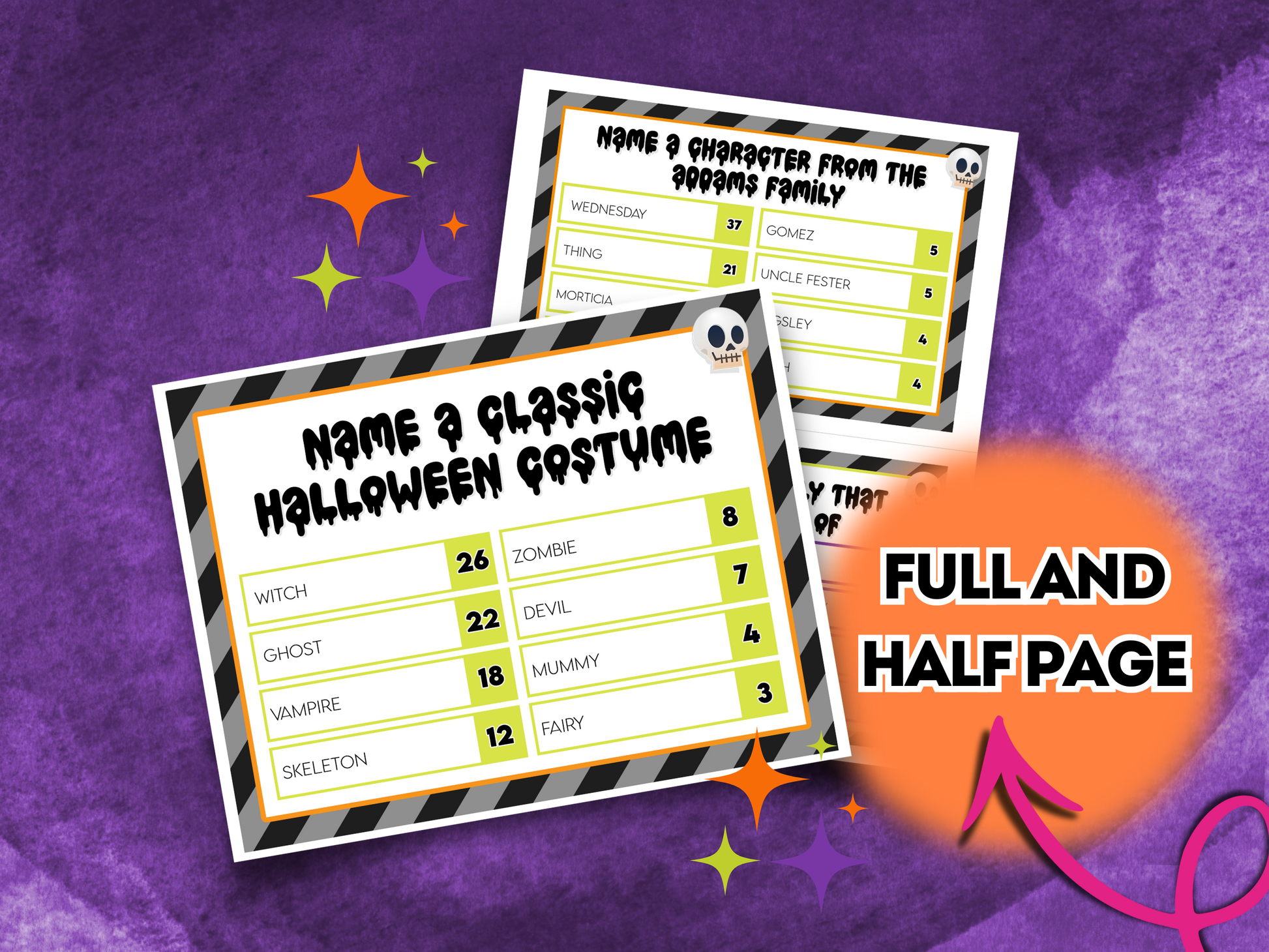 Two Friendly feud Halloween game sheets on a purple background with decorative elements.