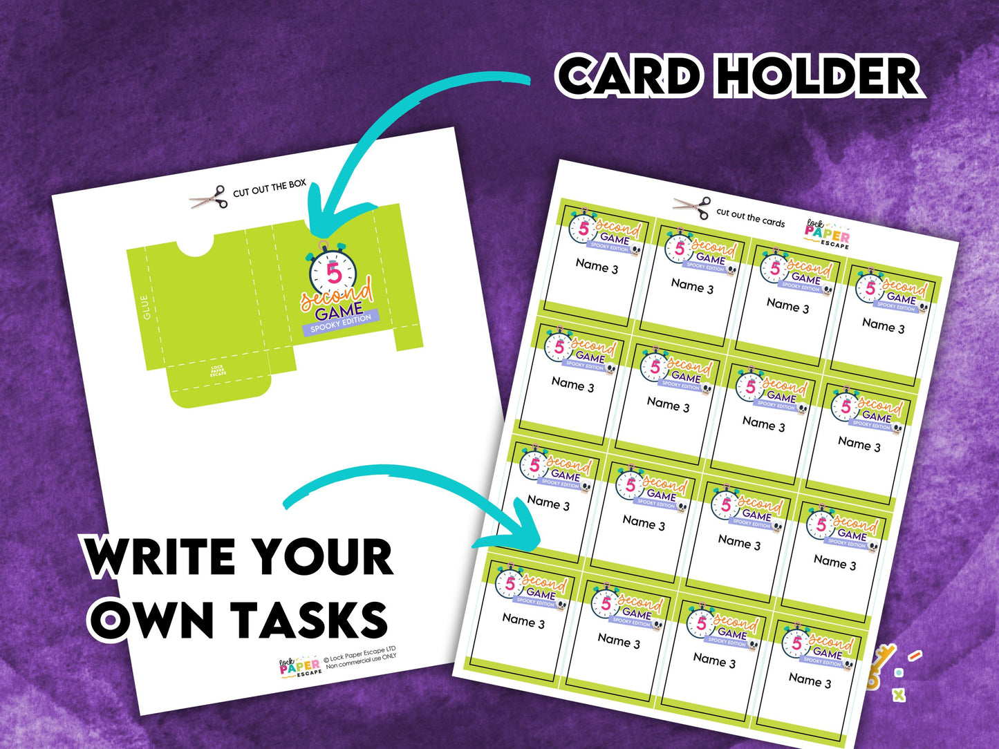 Card holder with customizable name three things cards on a purple background