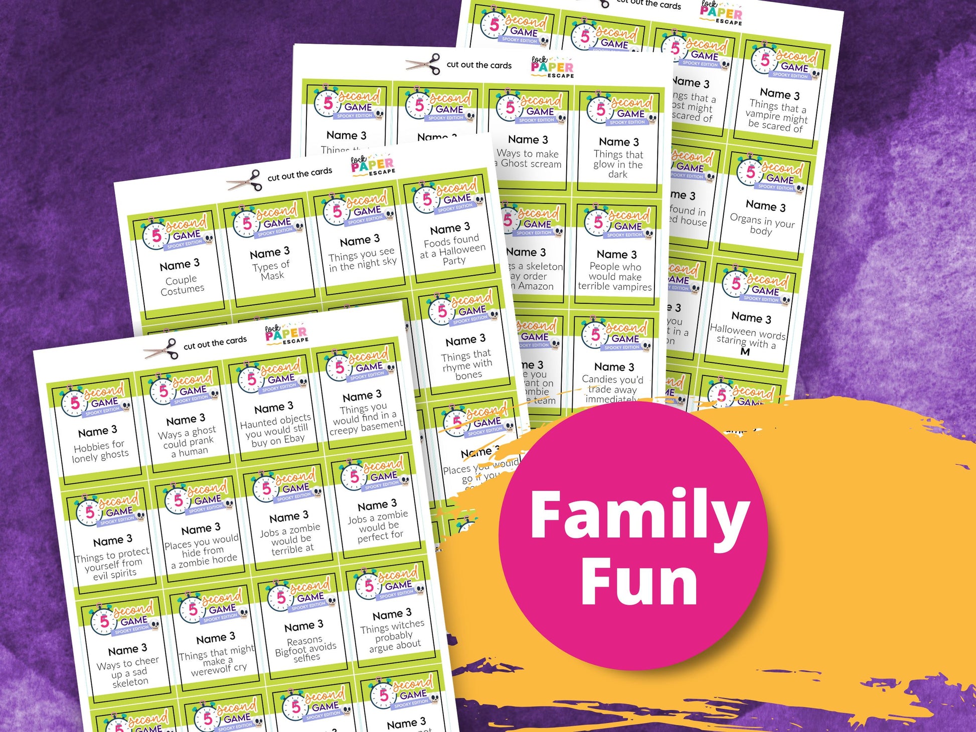 5 second came cards with a purple and yellow background labeled 'Family Fun'.