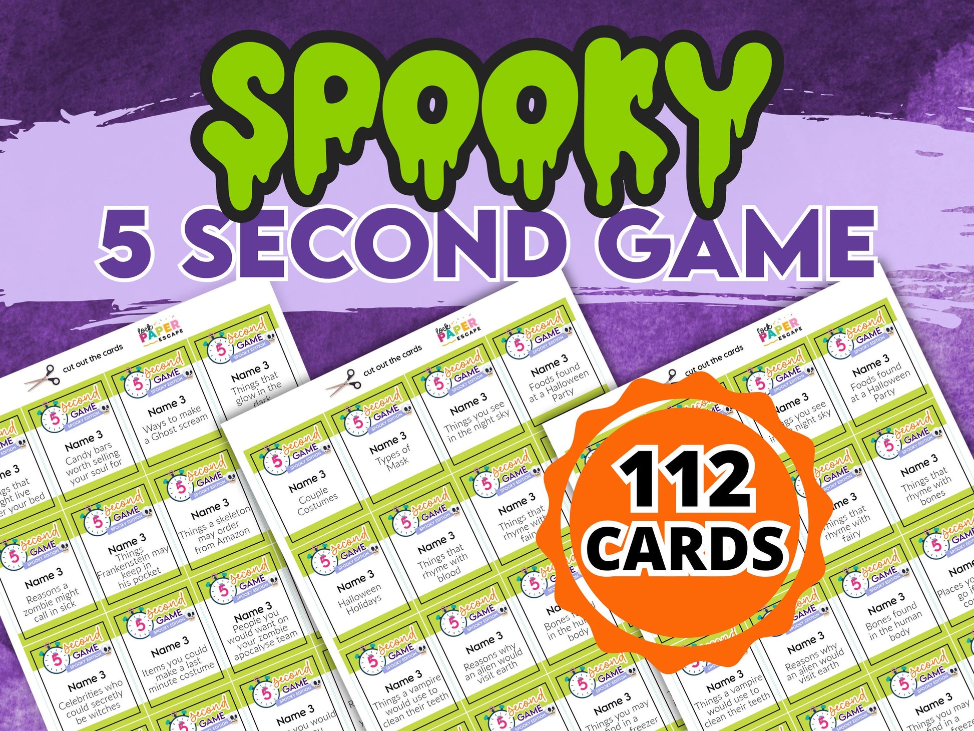 Spooky 5 Second Game cards with a purple background and orange text indicating 112 cards.