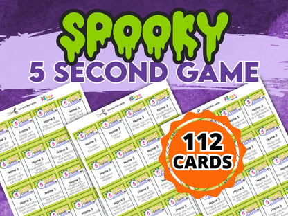 Spooky 5 Second Game cards with a purple background and orange text indicating 112 cards.