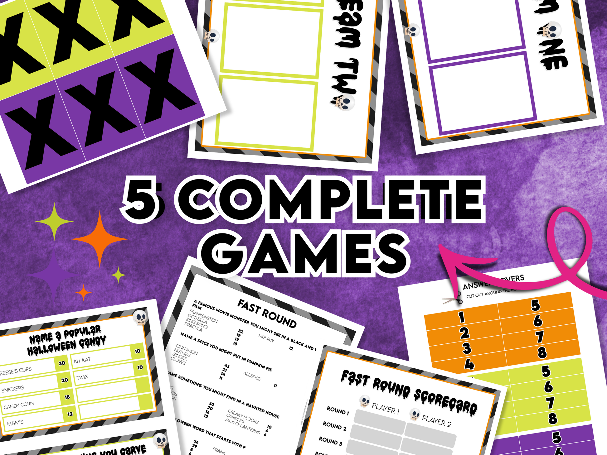 Collection of game cards and score sheets on a purple background with text '5 Complete Games'.