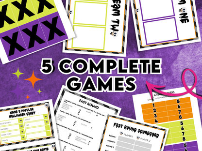 Collection of game cards and score sheets on a purple background with text '5 Complete Games'.