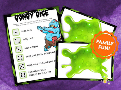 Zombie themed game cards with green slime game boards on a purple background