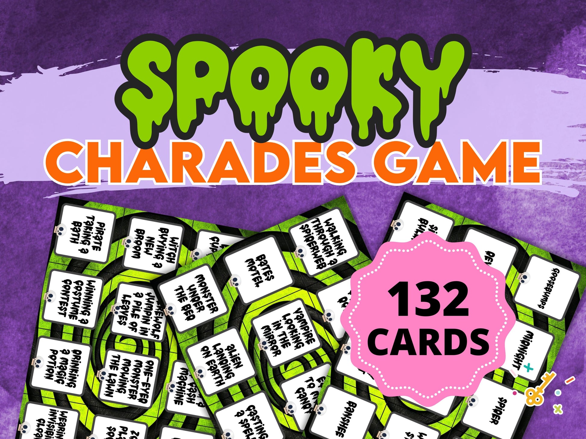 Spooky Charades game cards on a purple background