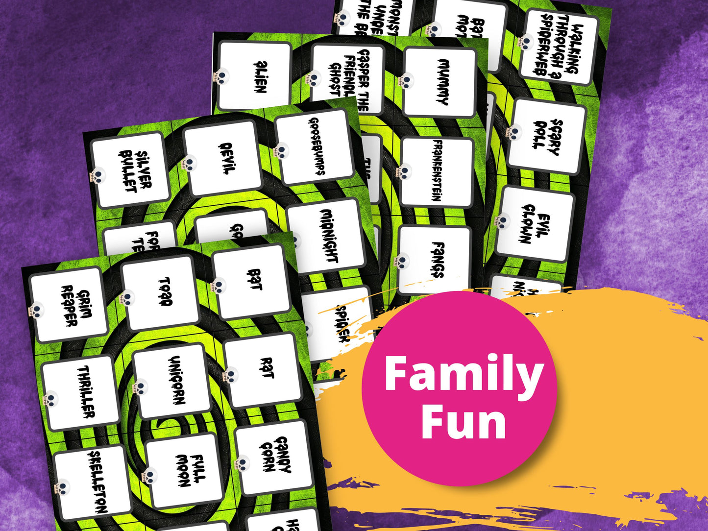 Halloween Charade printable sheets with a 'Family Fun' label on a purple and yellow background