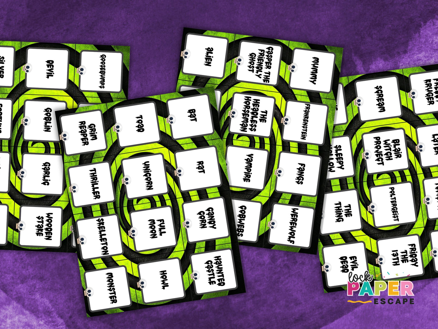 Charade printable cards with text on a purple background.