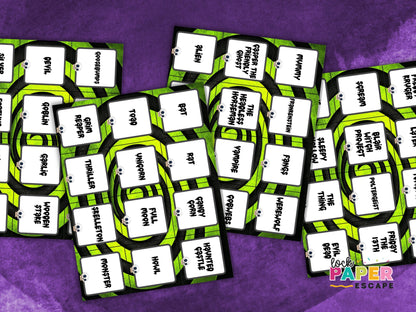 Charade printable cards with text on a purple background.