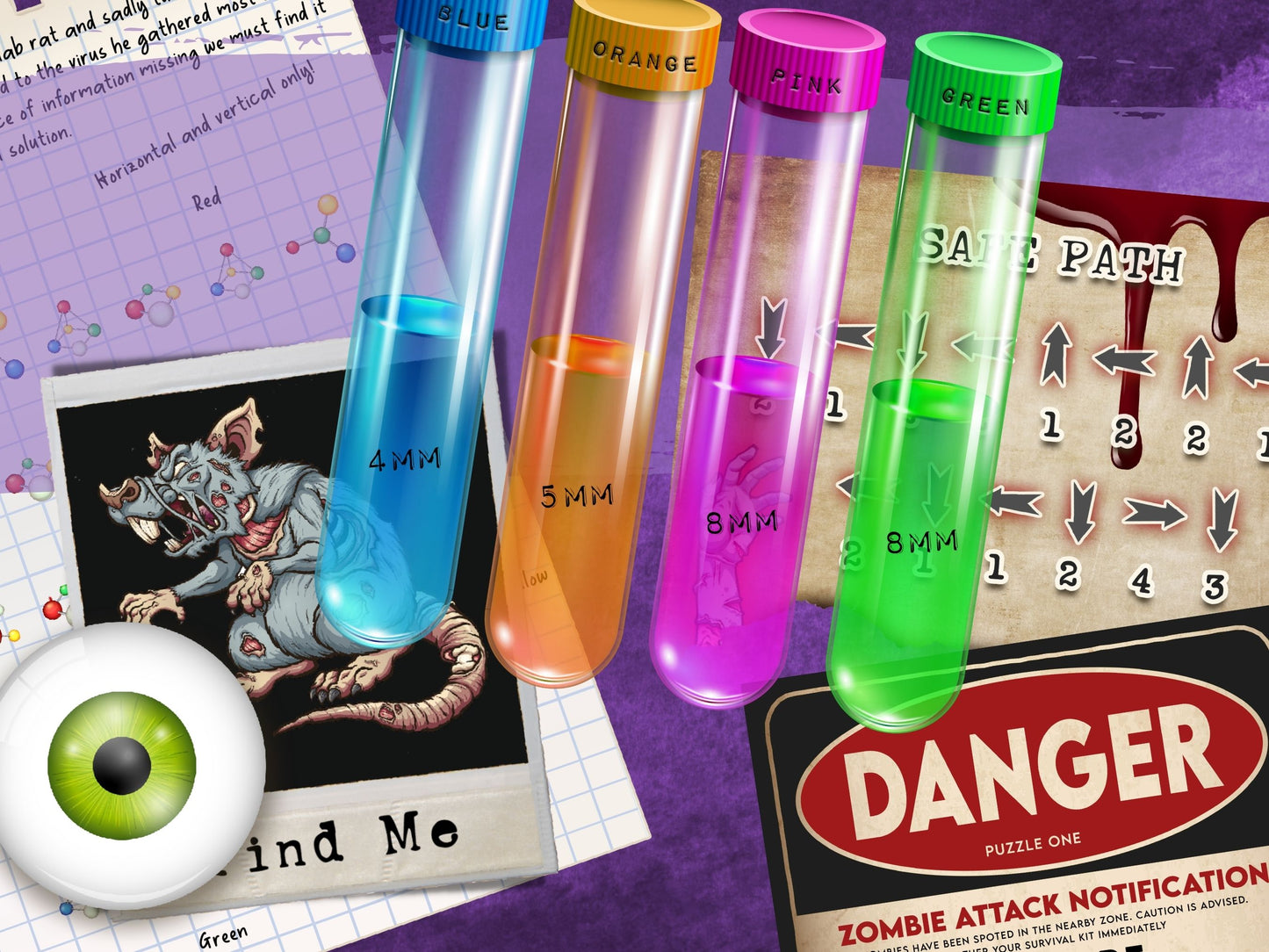 Test tubes with colored liquids on a game board with a 'Danger' sign and zombie-themed elements.